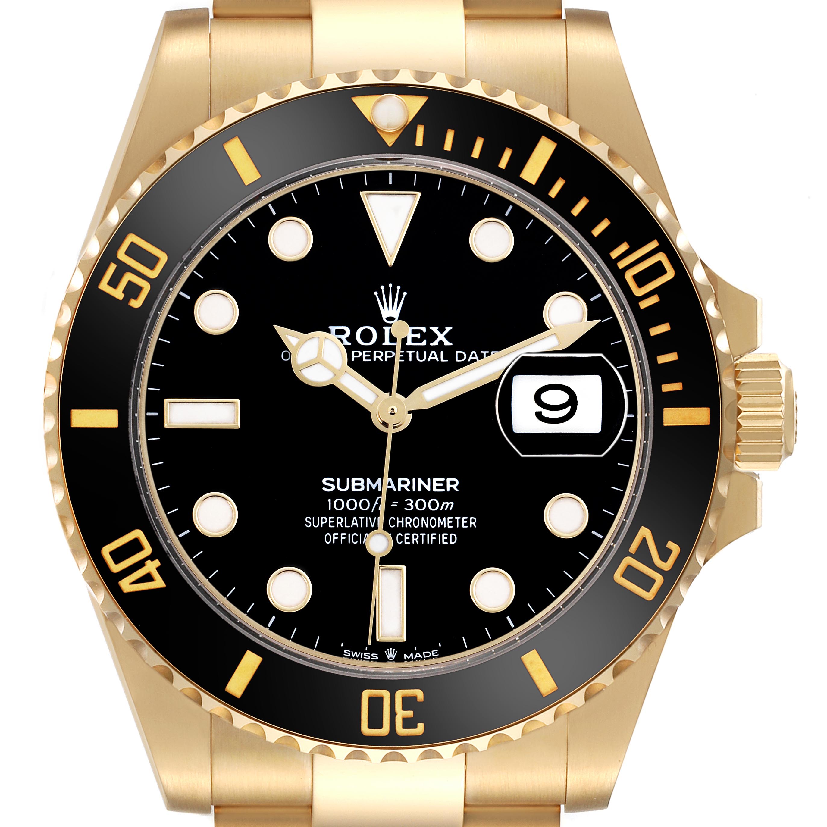 The image shows a front view of a Rolex Submariner 126618 Men's Yellow Gold Black Dial watch, featuring its black dial, date window, and gold bezel.